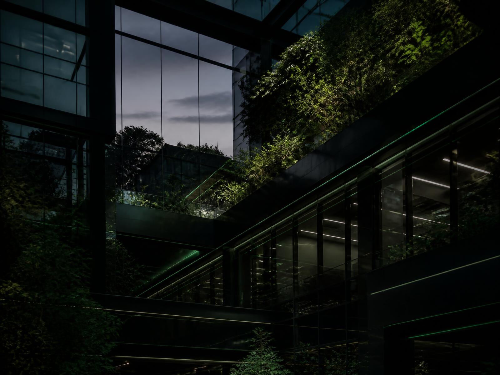 Contemporary green-lit office architecture with integrated foliage
